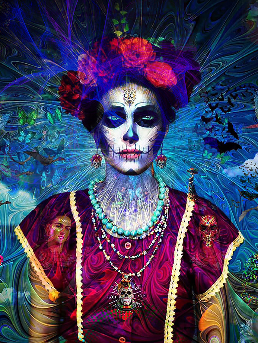"FRIDA CATRINA" MIX MEDIA ARTWORK ON CANVAS 36 x 24 Inches