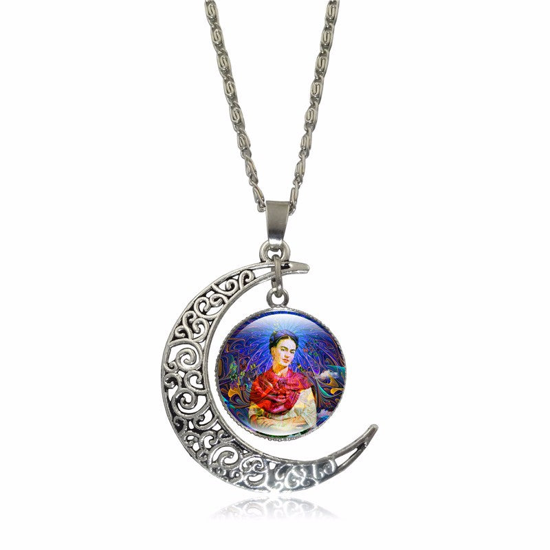 "FRIDA IN BLUE" ART JEWELRY NECKLACE