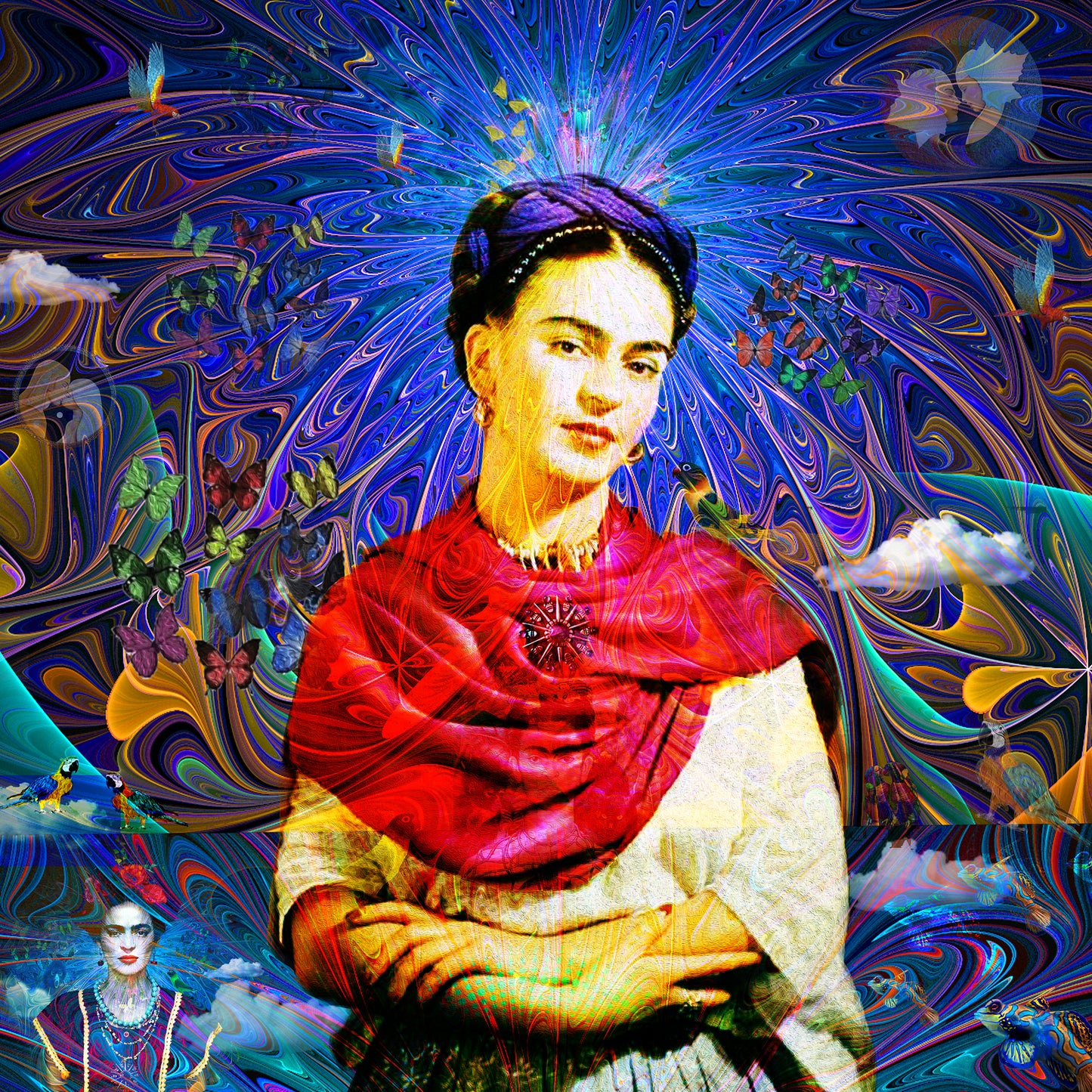 " FRIDA IN BLUE" MIX MEDIA ARTWORK ON CANVAS 36 x 24 Inches