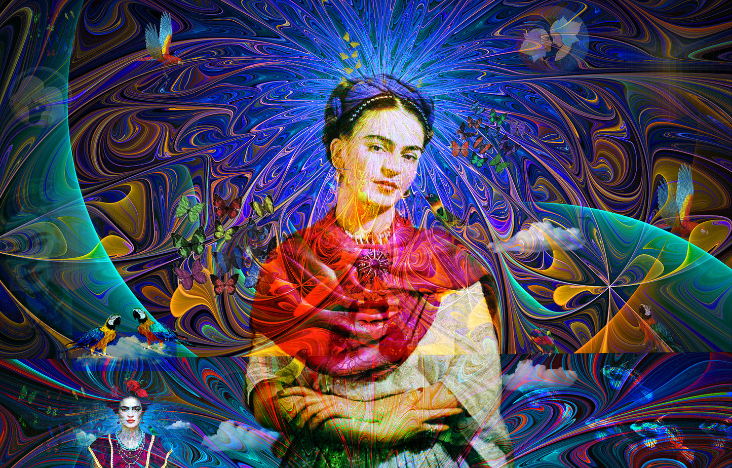 " FRIDA IN BLUE" MIX MEDIA ARTWORK ON CANVAS 36 x 24 Inches