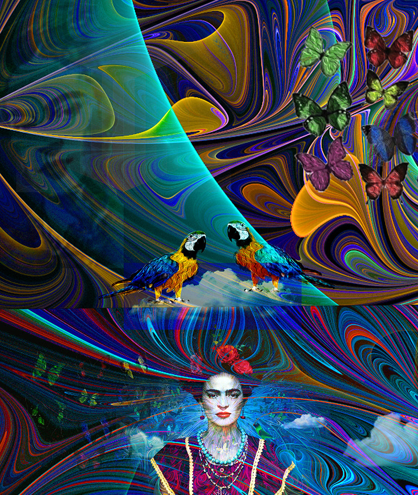 " FRIDA IN BLUE" MIX MEDIA ARTWORK ON CANVAS 36 x 24 Inches