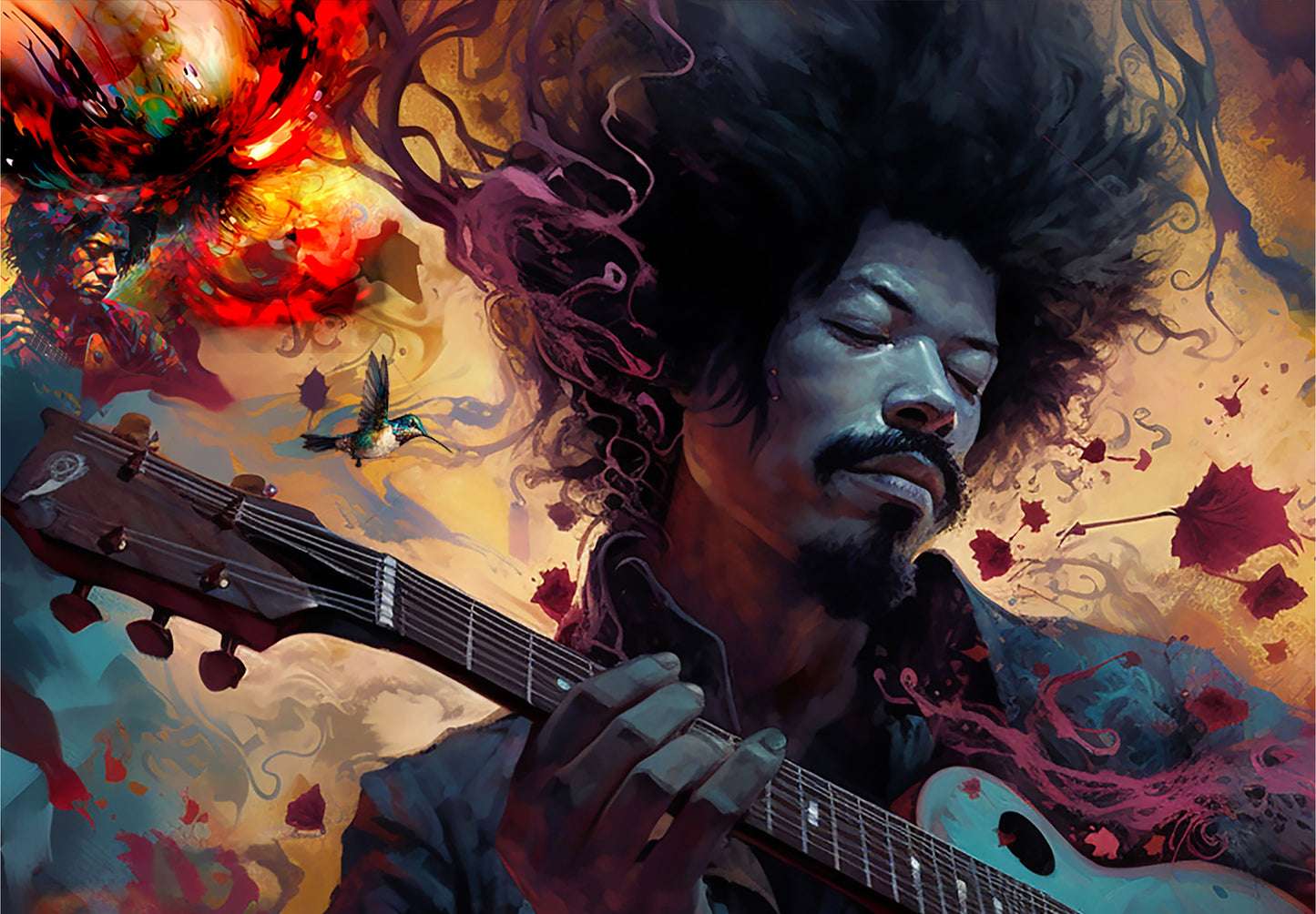 "JIMI HENDRIX TRIBUTE" MIX MEDIA ART WORK ON CANVAS 36 x 24 Inches